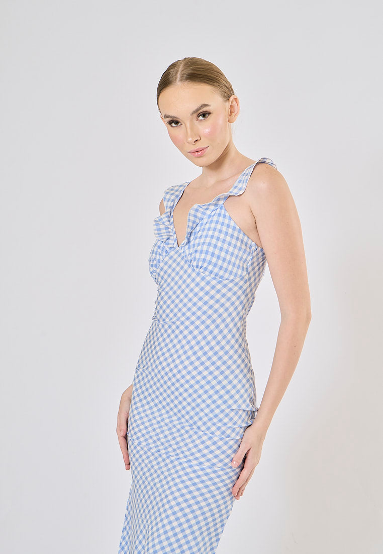 Aquila Sky Blue Plaid Bias Cut Midi Dress