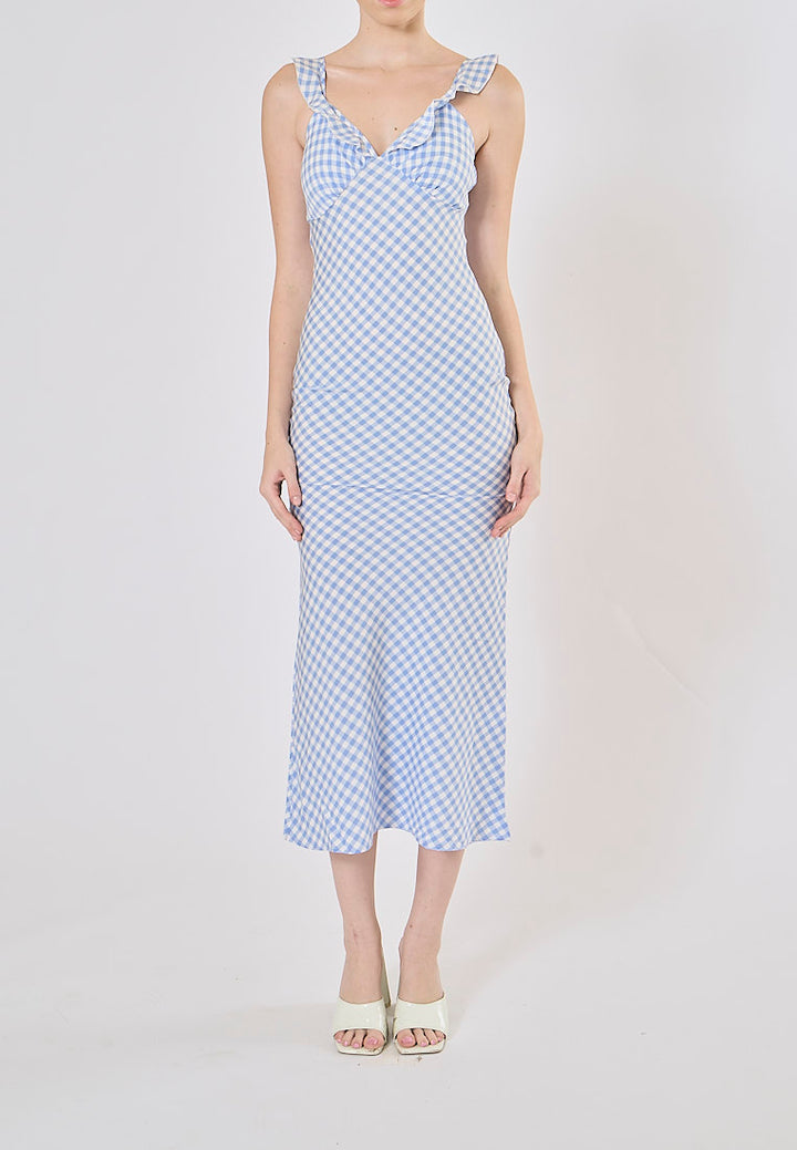 Aquila Sky Blue Plaid Bias Cut Midi Dress
