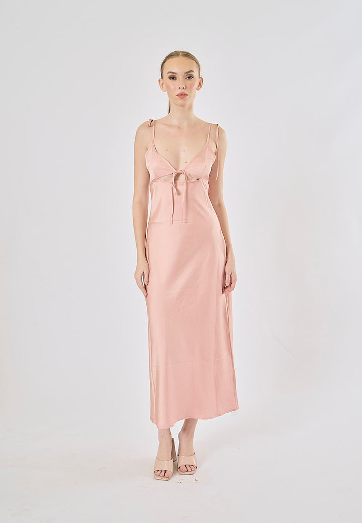 Athena Pink Deep V-neck Back Hollow out Midi Dress