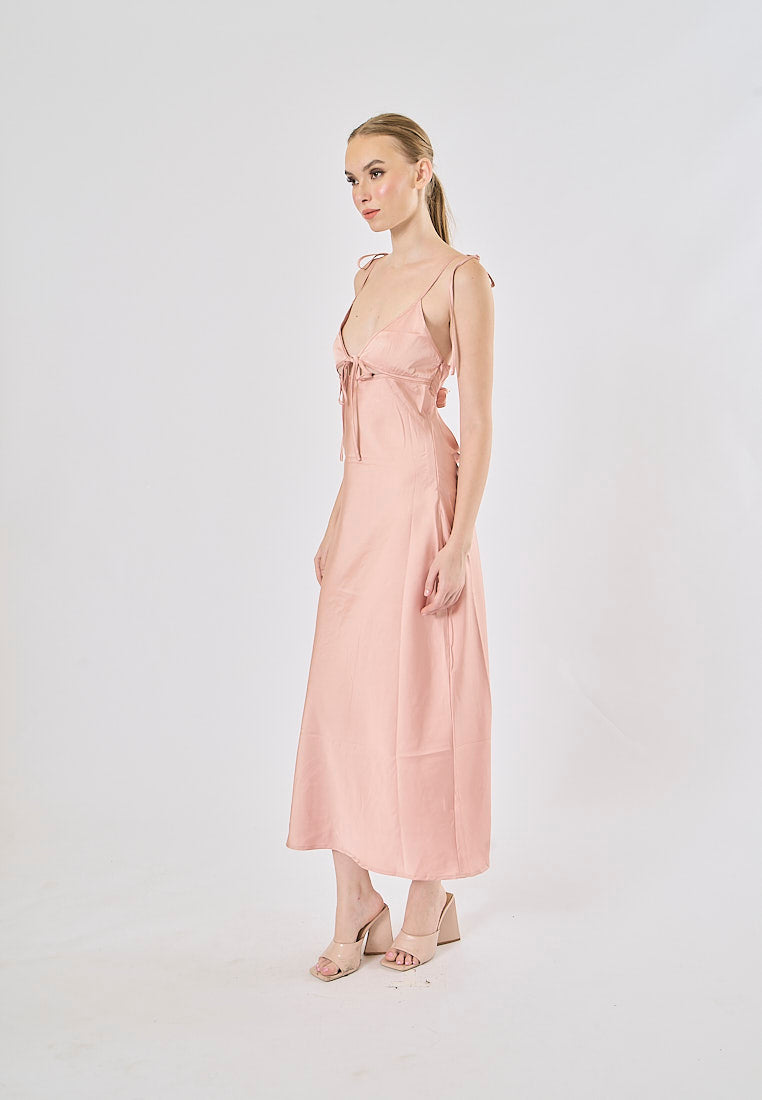 Athena Pink Deep V-neck Back Hollow out Midi Dress