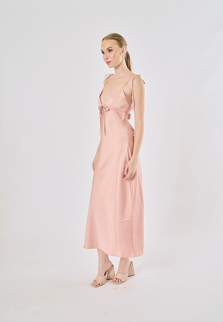 Athena Pink Deep V-neck Back Hollow out Midi Dress