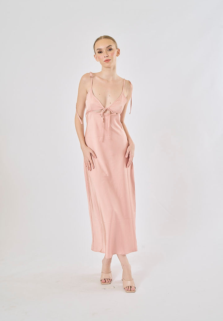 Athena Pink Deep V-neck Back Hollow out Midi Dress