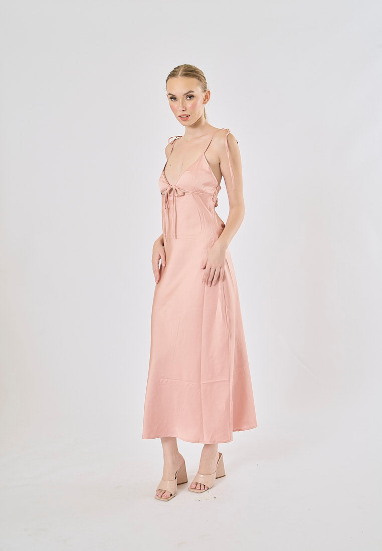 Athena Pink Deep V-neck Back Hollow out Midi Dress