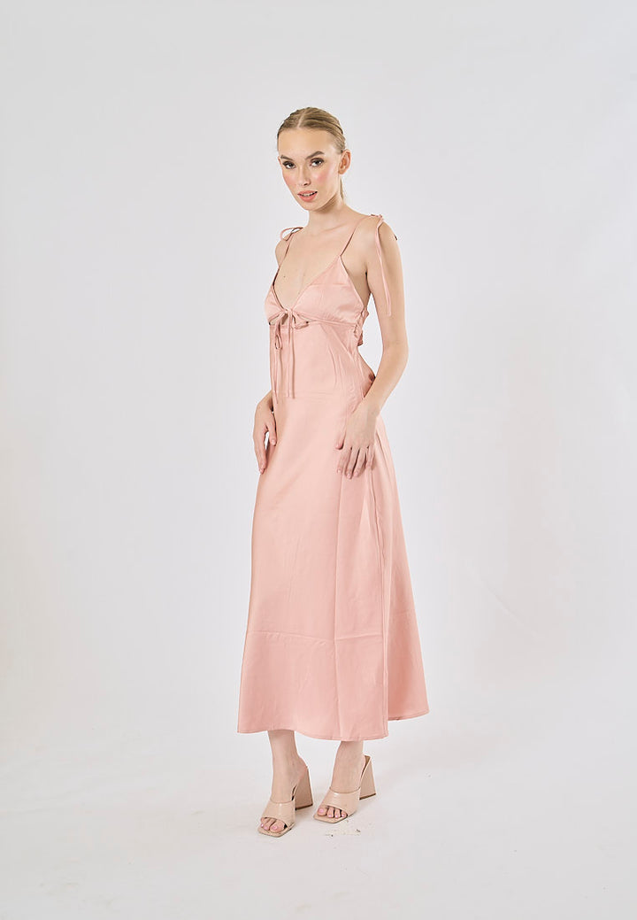 Athena Pink Deep V-neck Back Hollow out Midi Dress