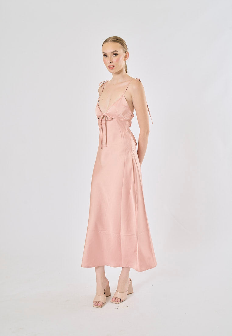 Athena Pink Deep V-neck Back Hollow out Midi Dress
