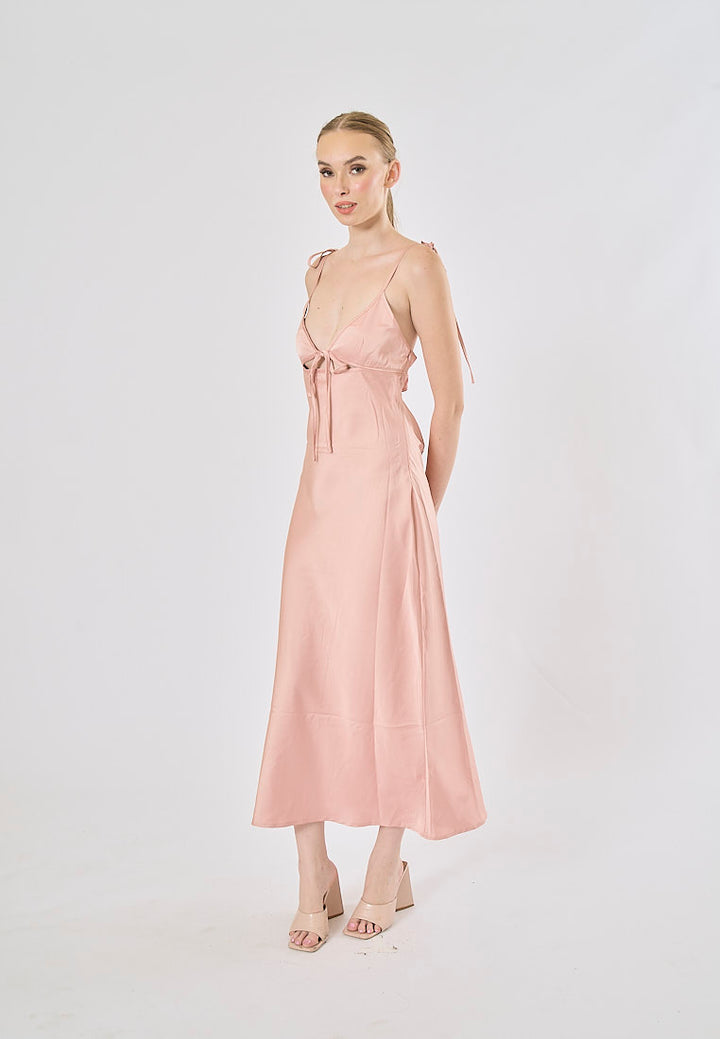 Athena Pink Deep V-neck Back Hollow out Midi Dress