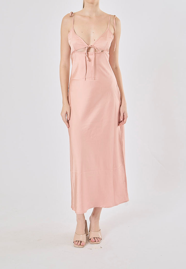 Athena Pink Deep V-neck Back Hollow out Midi Dress