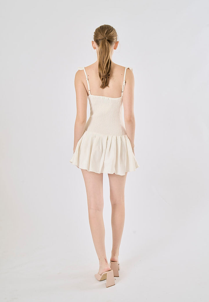 Blessy White Front Lace Up Pleated Mini Dress