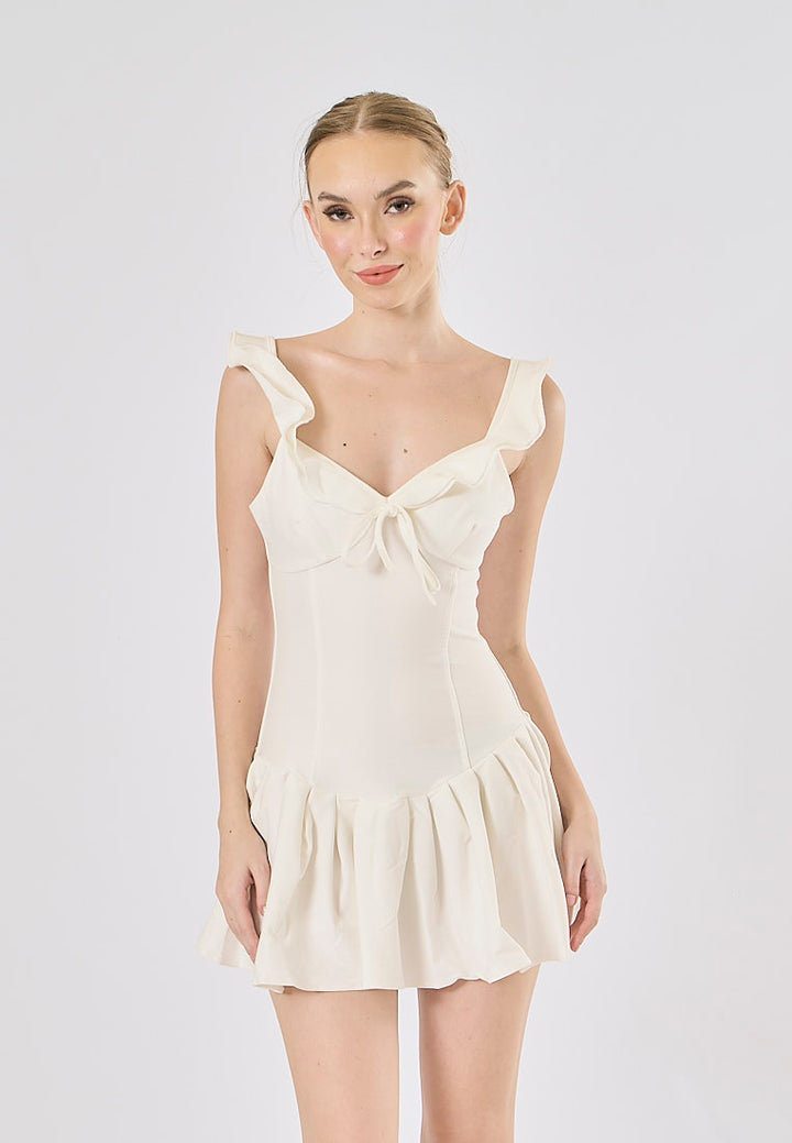 Blessy White Front Lace Up Pleated Mini Dress