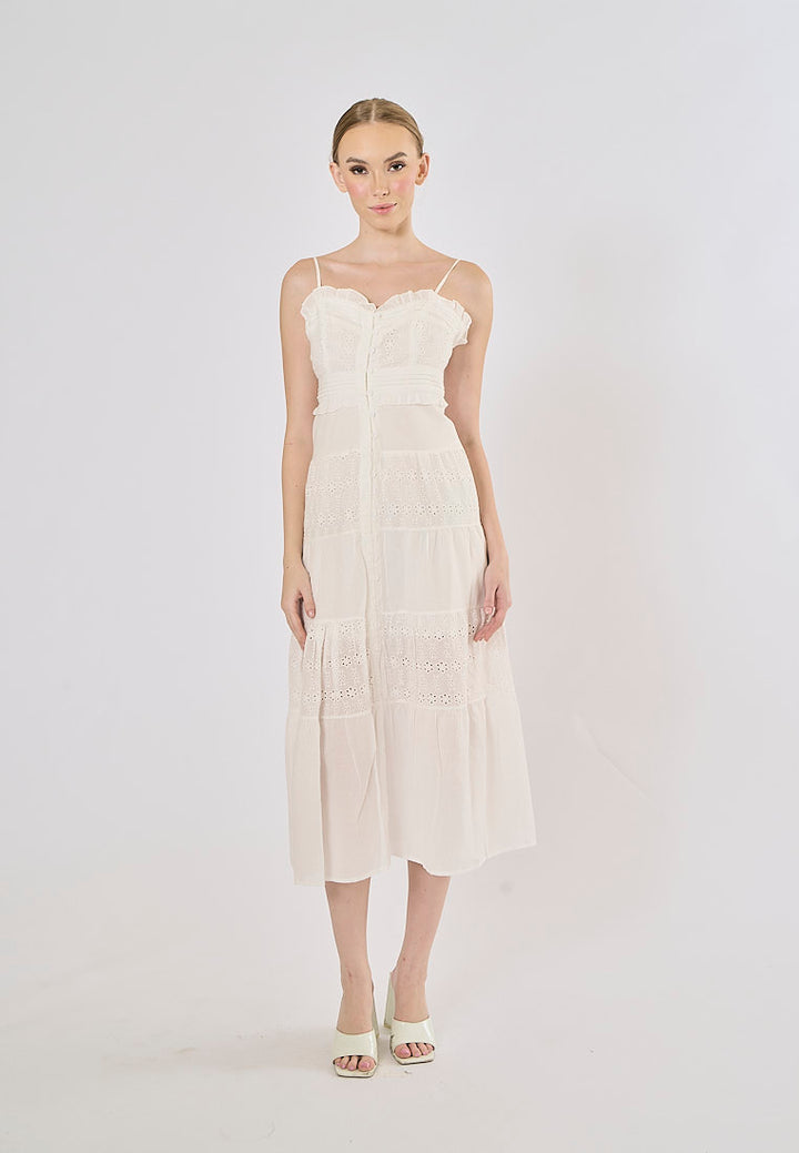 Shifra White Floral Embroidery Buttons Up Midi Dress