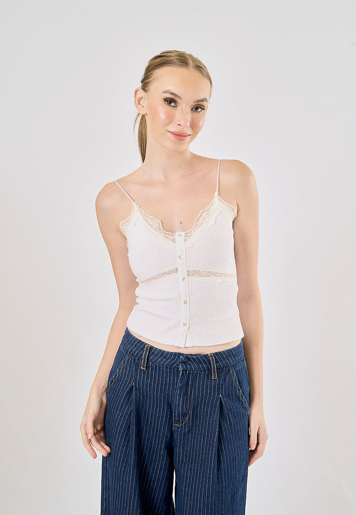 Nori Vintage White Mesh Splicing V-neck Button-Down Tank To