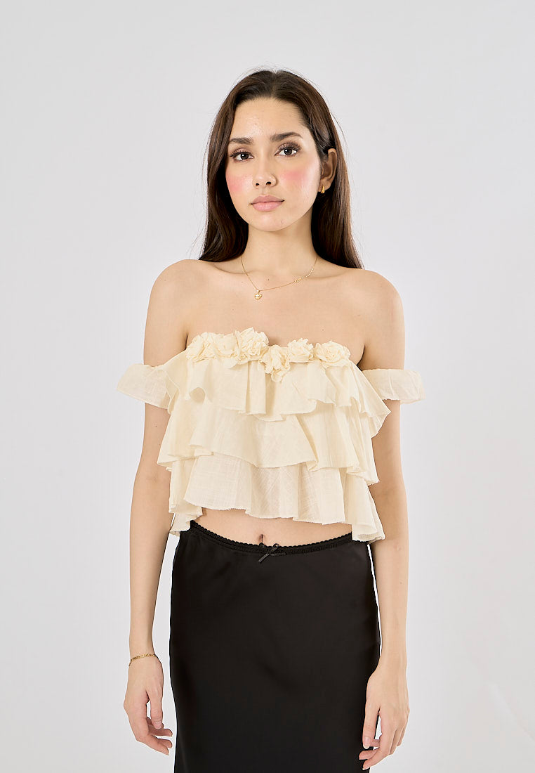 Corey White Floral Applique Layered Drop Shoulder Crop Tank Top