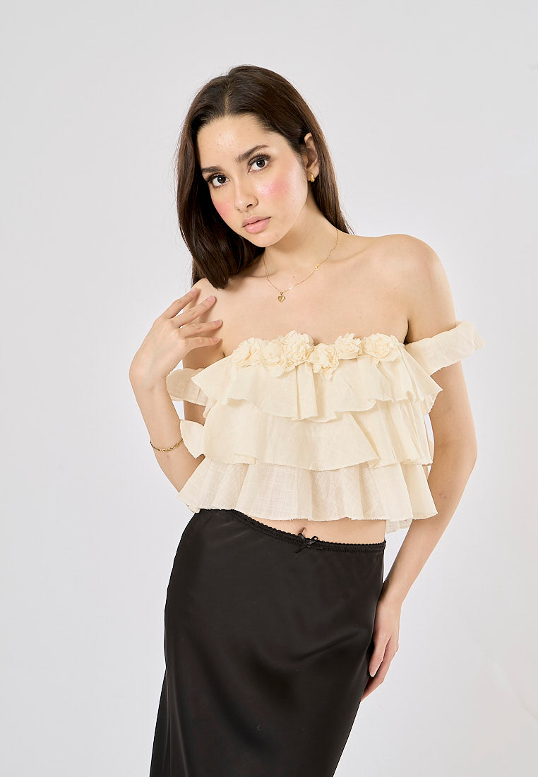 Corey White Floral Applique Layered Drop Shoulder Crop Tank Top