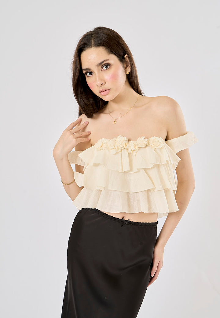 Corey White Floral Applique Layered Drop Shoulder Crop Tank Top