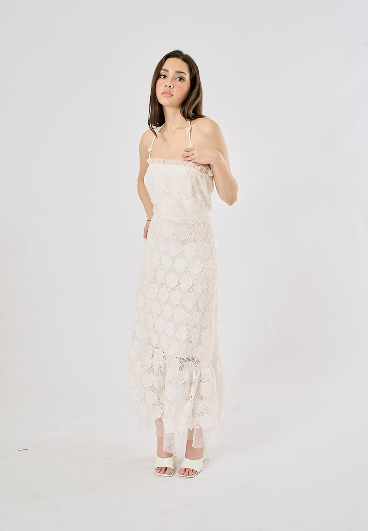 Greece White Lace Faux-Floral Halterneck Midi Dress