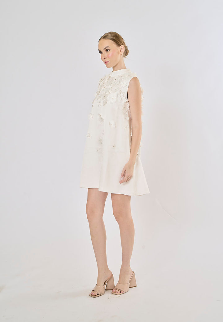 Portugal White Crew Neck Faux-Flower Mini Dress