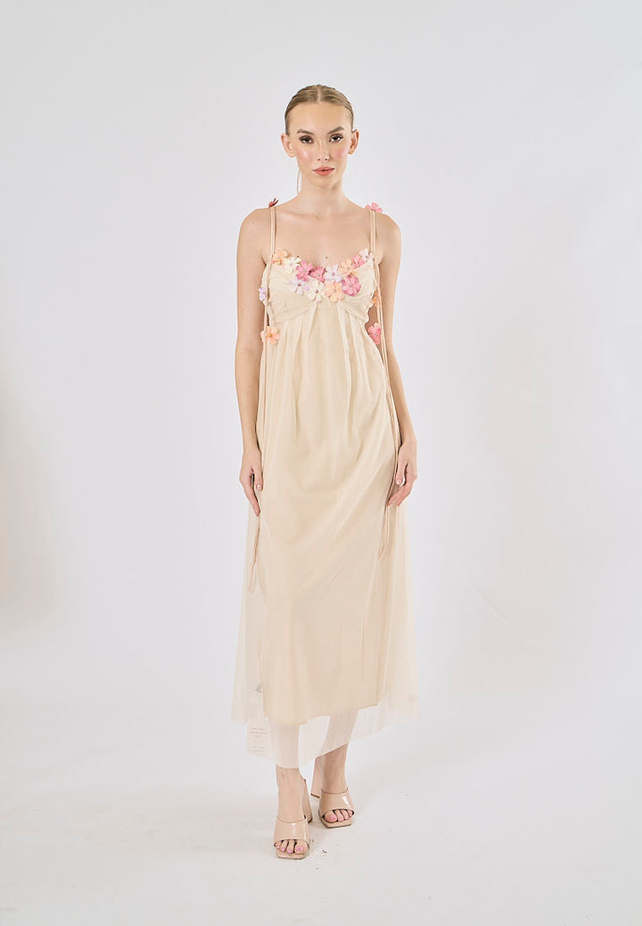 Somerset Nude Pink Floral-Appliqué Strap  Midi Dress