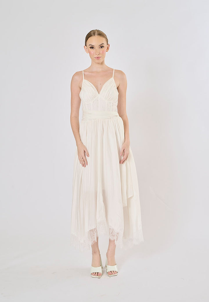 Nerizza White Deep V Neck Halter Lace Pleated Maxi Dress