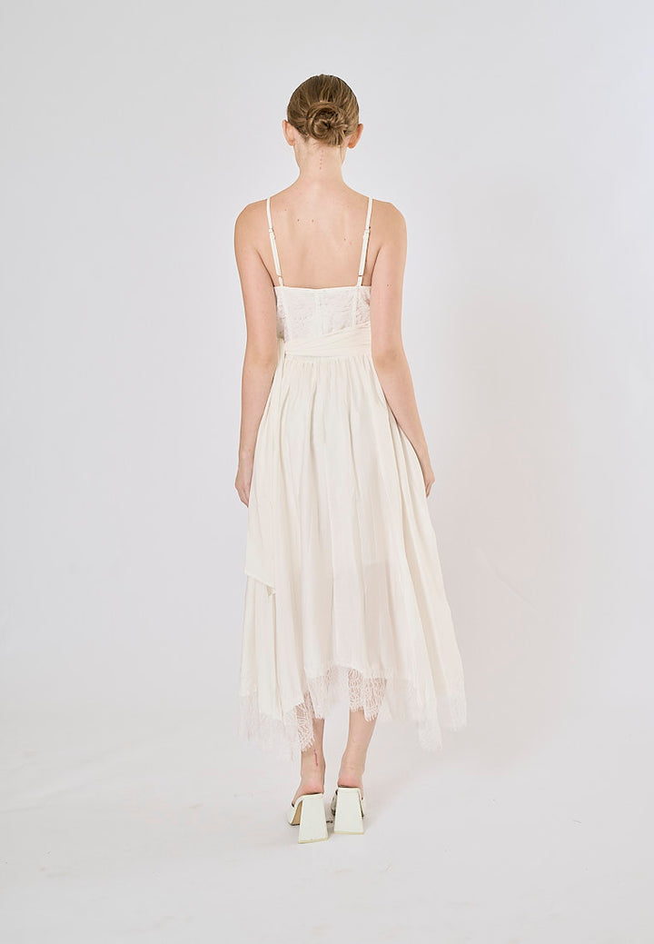 Nerizza White Deep V Neck Halter Lace Pleated Maxi Dress