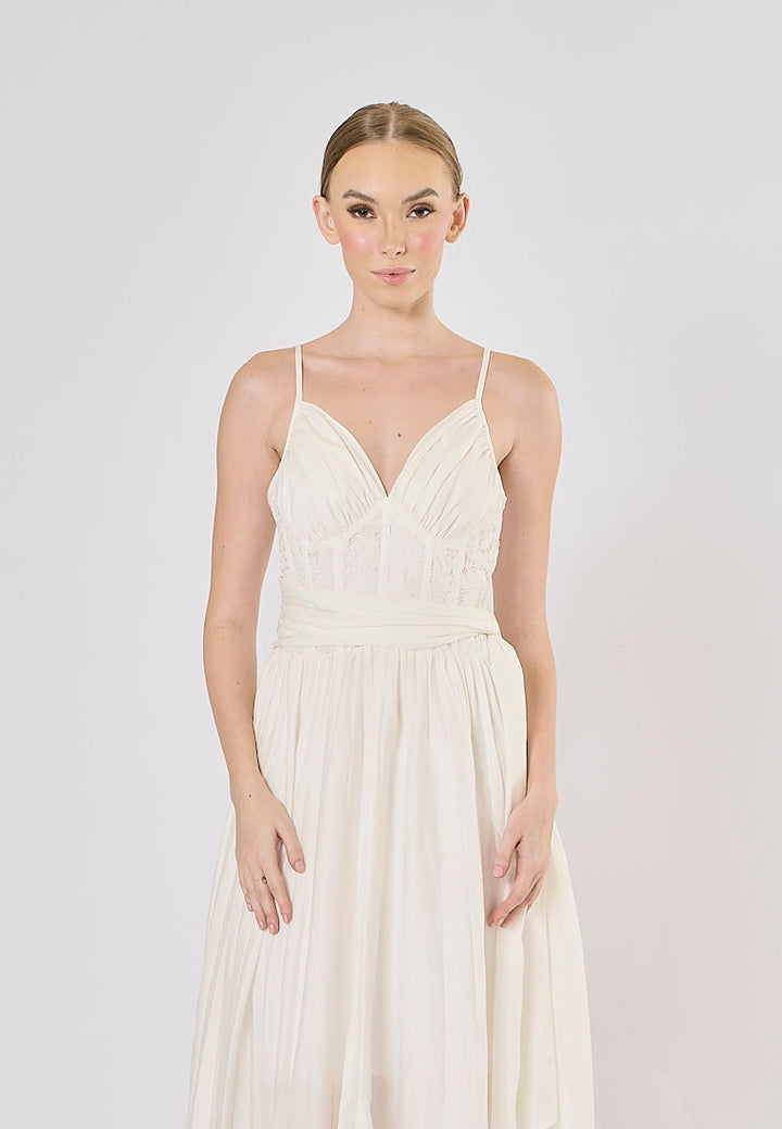 Nerizza White Deep V Neck Halter Lace Pleated Maxi Dress