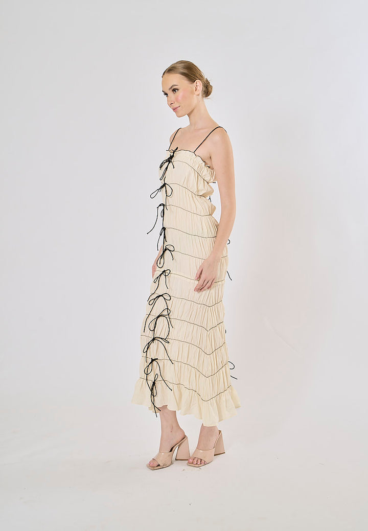 Tersia Beige Lace up Pleated Maxi Dress