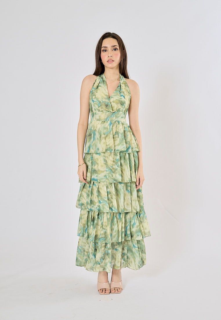 Maryjanes Pine Green Halo Dyed Ruffled Chiffon Maxi Dress