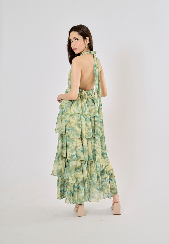 Maryjanes Pine Green Halo Dyed Ruffled Chiffon Maxi Dress