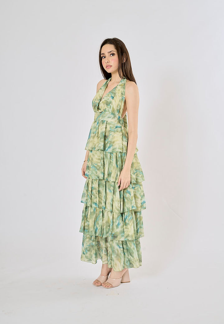 Maryjanes Pine Green Halo Dyed Ruffled Chiffon Maxi Dress