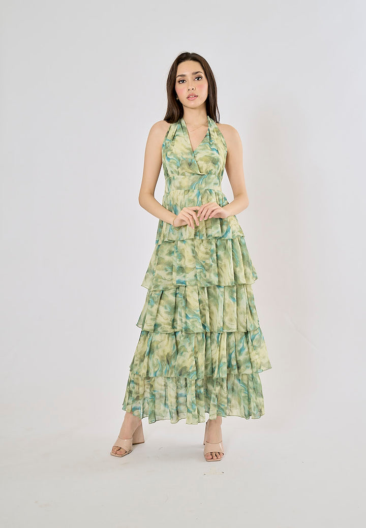 Maryjanes Pine Green Halo Dyed Ruffled Chiffon Maxi Dress