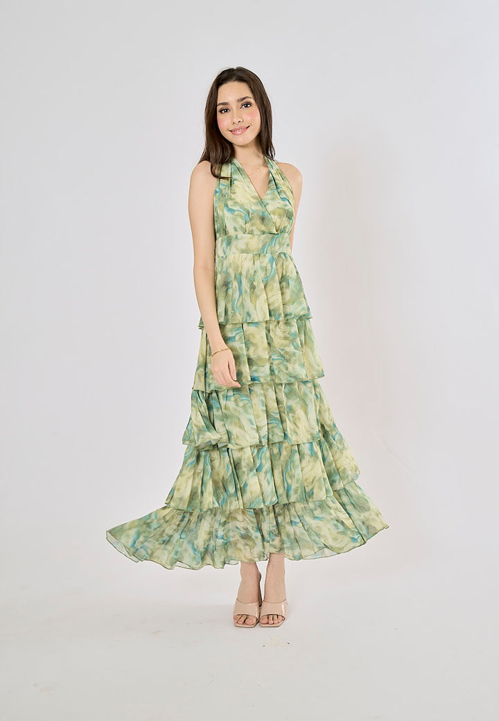 Maryjanes Pine Green Halo Dyed Ruffled Chiffon Maxi Dress