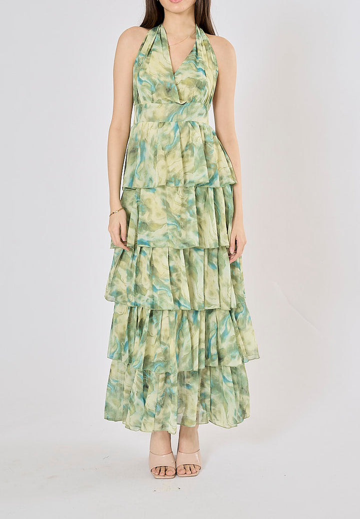 Maryjanes Pine Green Halo Dyed Ruffled Chiffon Maxi Dress