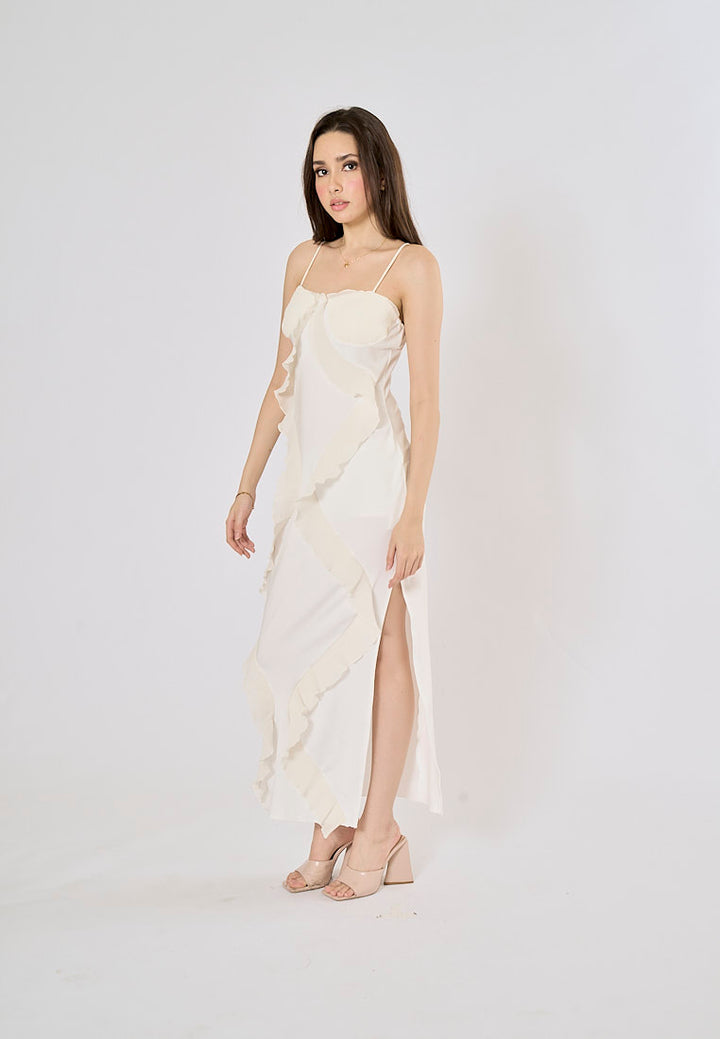 Dabria White Asymestric Ruffle High Slit Maxi Dress