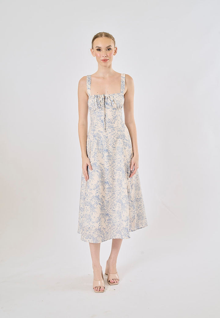 Slovenia Arctic Blue Floral Print Ruched Bust Midi Dress