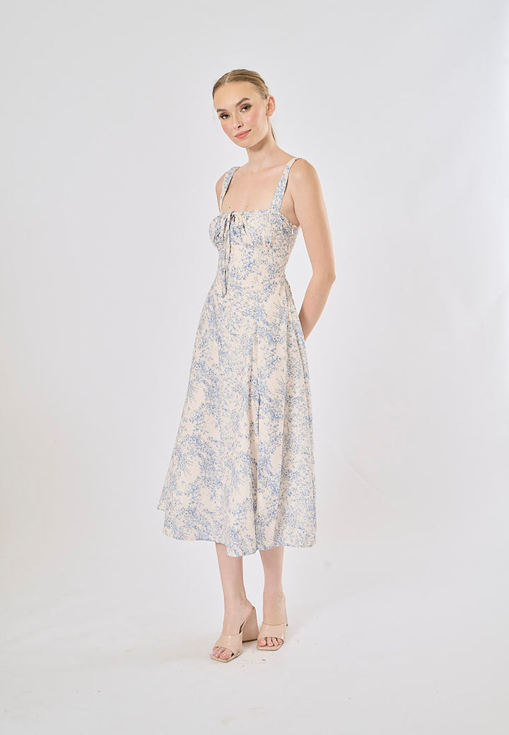 Slovenia Arctic Blue Floral Print Ruched Bust Midi Dress