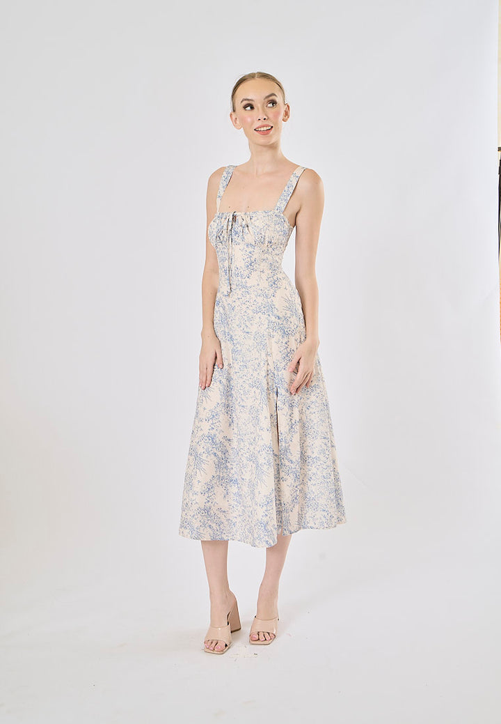 Slovenia Arctic Blue Floral Print Ruched Bust Midi Dress