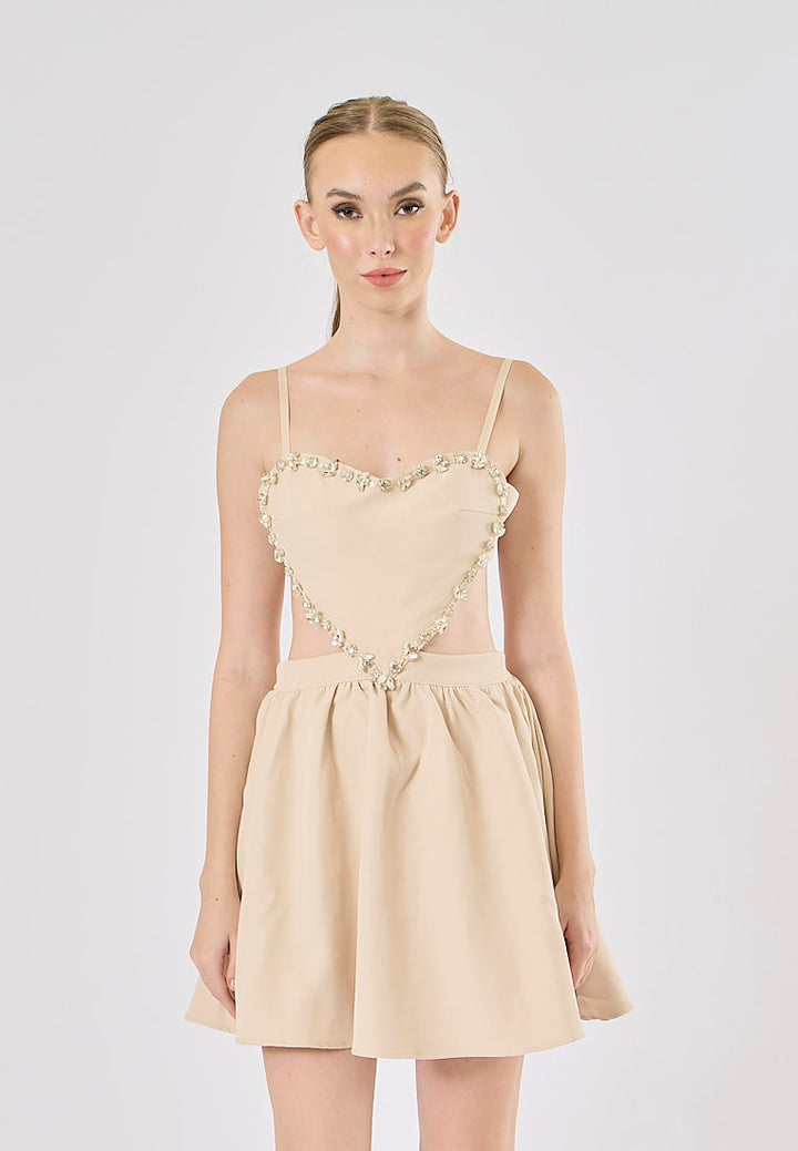 Stacie Nude Pink Beaded Sweet Heart Hollowout Mini Dress