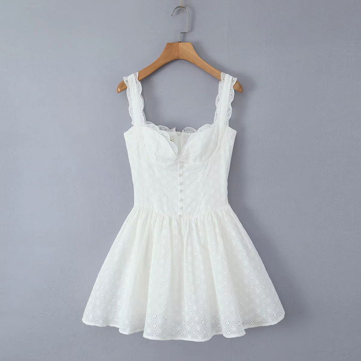 Lilianna White Floral Embroidery Buttons Up Mini Dress