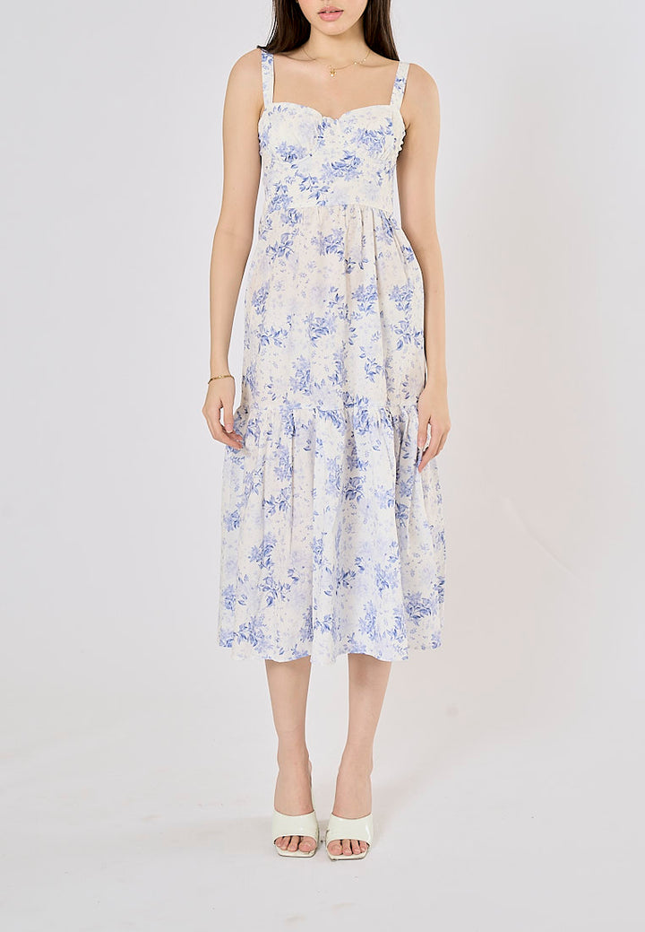 Chiyo Arctic Blue Floral Print Hollow Out Mermaid Midi Dress
