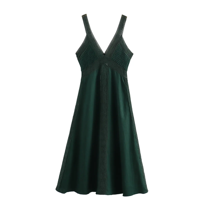 Rocco Alphine Green V- Neck Sleeveless Midi Dress