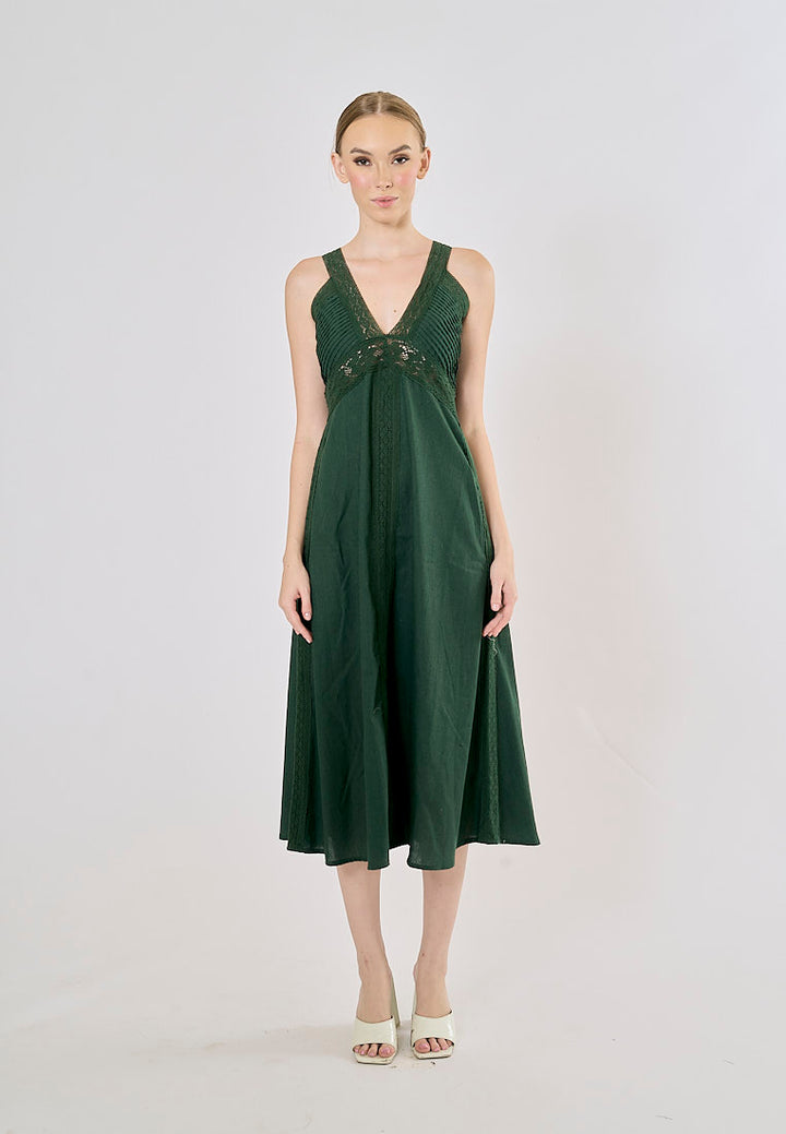 Rocco Alphine Green V- Neck Sleeveless Midi Dress