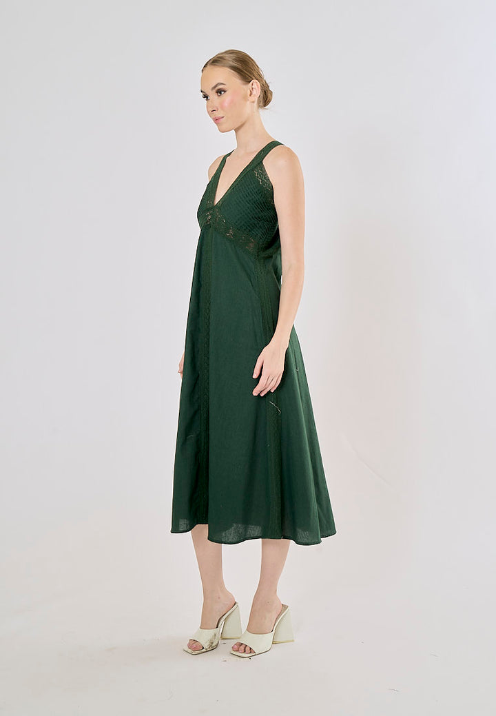 Rocco Alphine Green V- Neck Sleeveless Midi Dress
