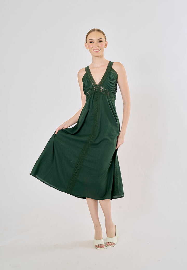 Rocco Alphine Green V- Neck Sleeveless Midi Dress