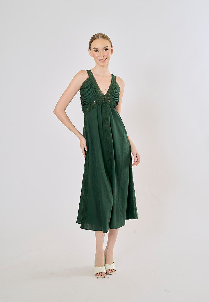 Rocco Alphine Green V- Neck Sleeveless Midi Dress