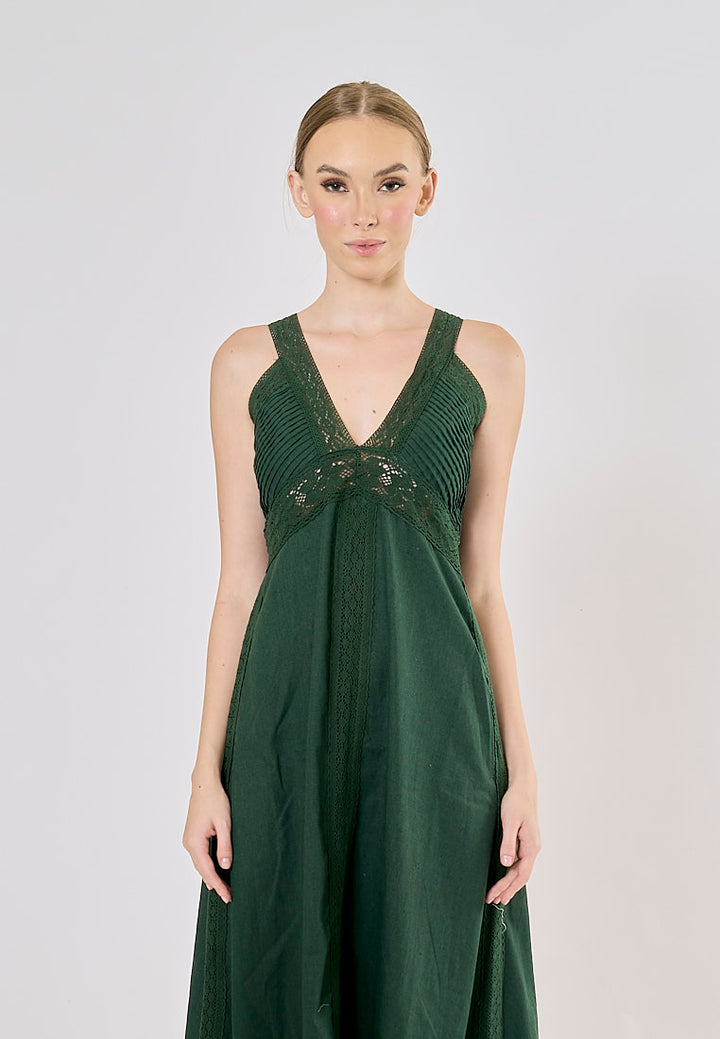 Rocco Alphine Green V- Neck Sleeveless Midi Dress