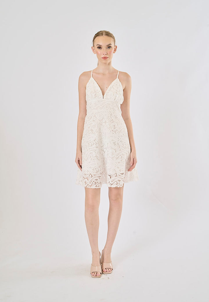 Cyrish White V- Neck  Floral Embroidery Mini Dress