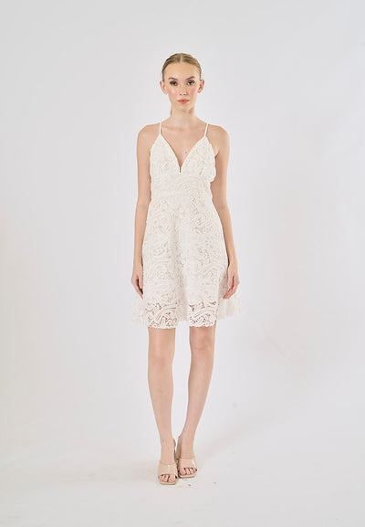 Cyrish White V- Neck  Floral Embroidery Mini Dress