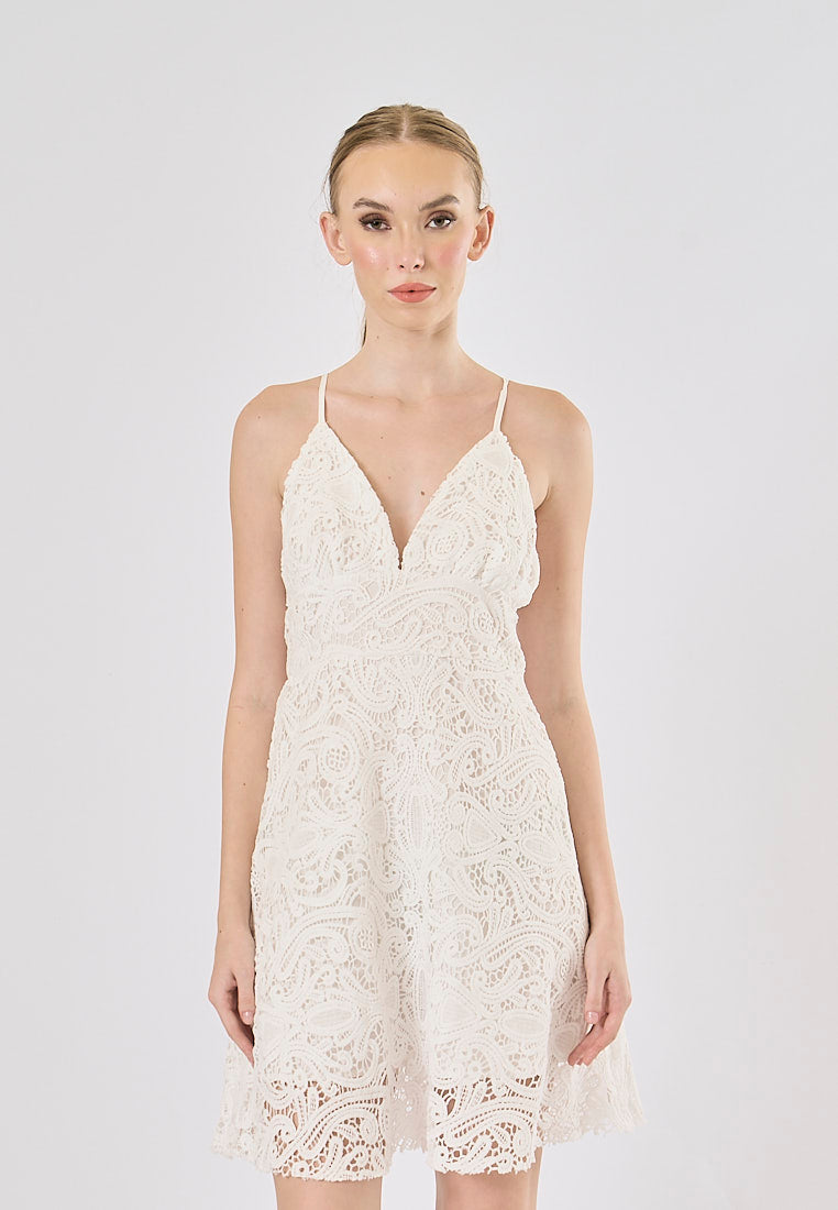 Cyrish White V- Neck  Floral Embroidery Mini Dress
