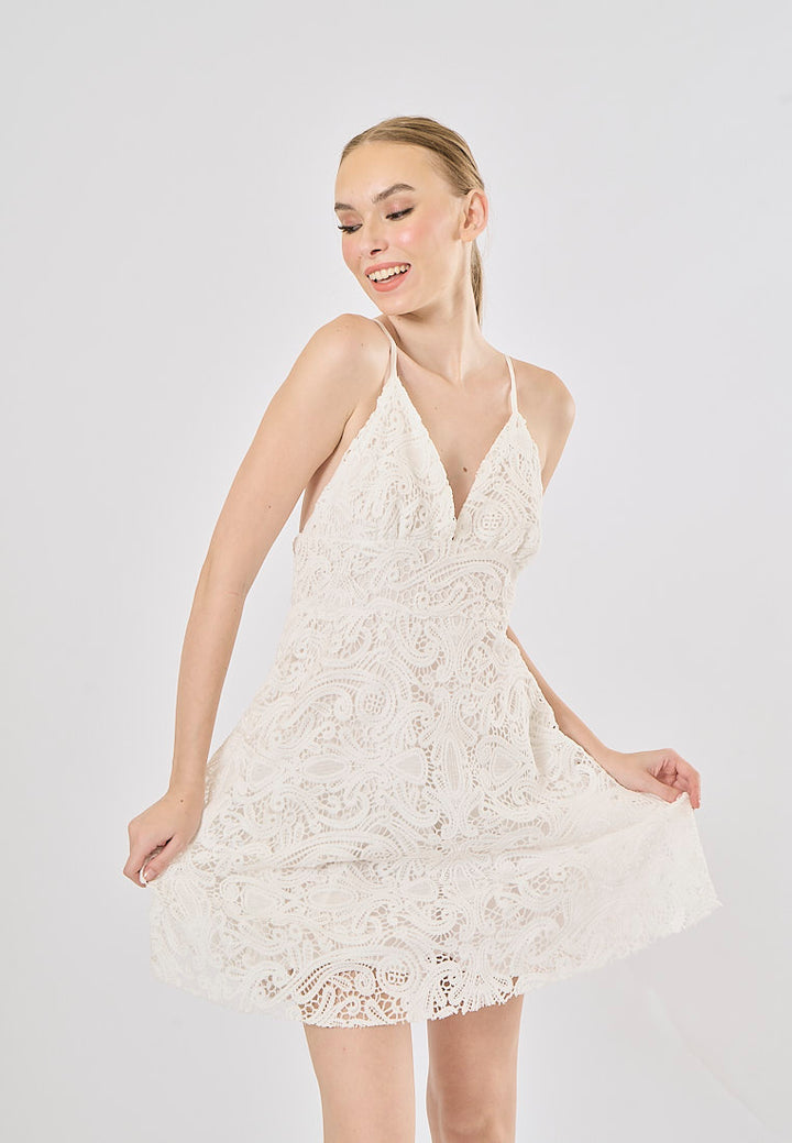 Cyrish White V- Neck  Floral Embroidery Mini Dress