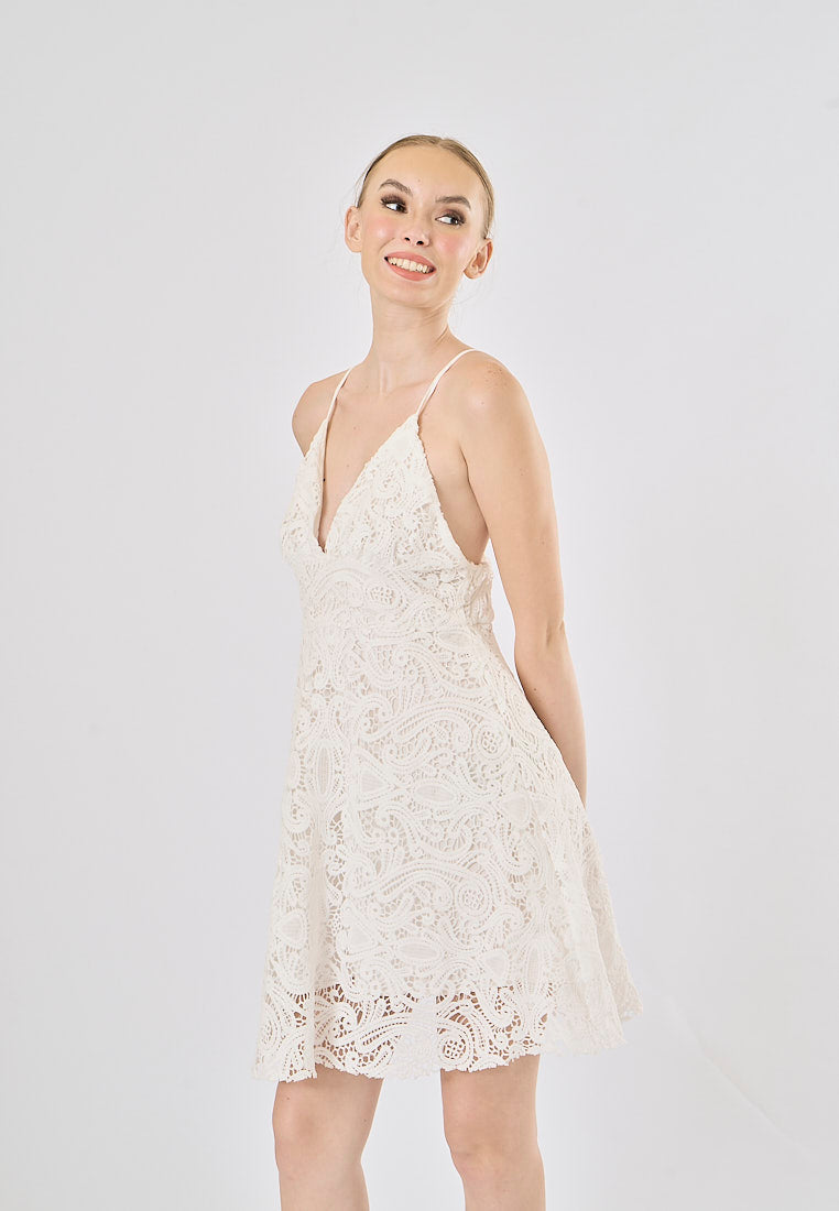 Cyrish White V- Neck  Floral Embroidery Mini Dress