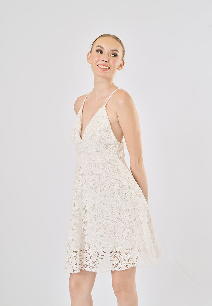 Cyrish White V- Neck  Floral Embroidery Mini Dress